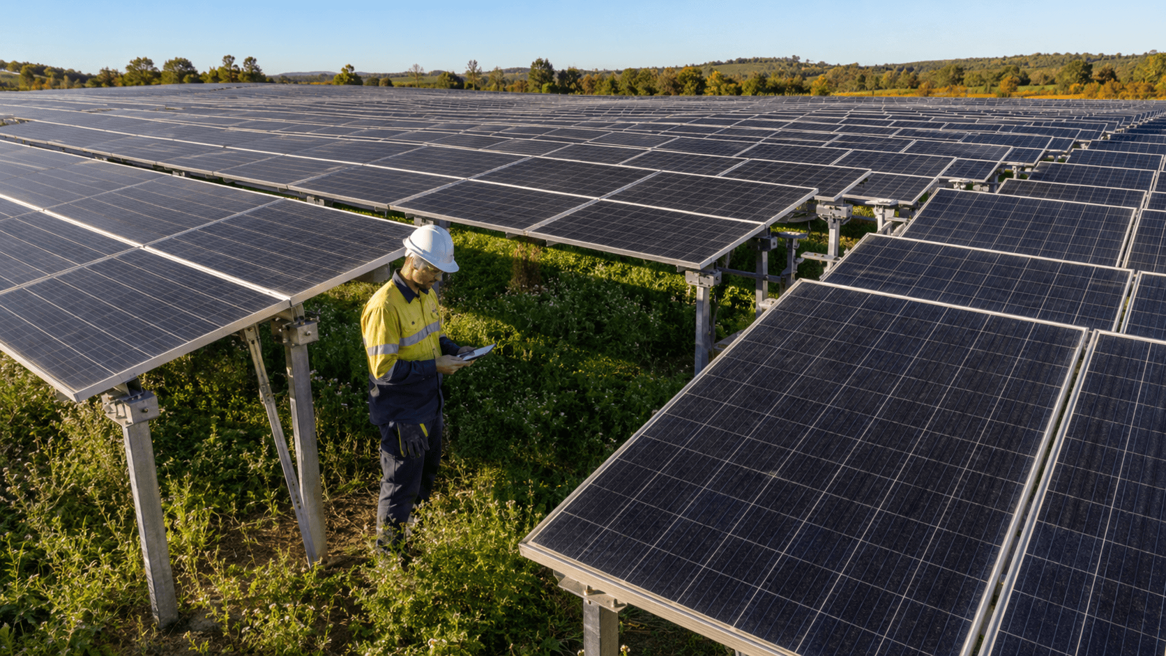 A solar technician inspecting an agrivoltaic installation.